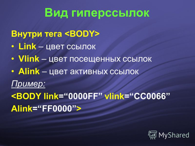 Вид гиперссылок Внутри тега Link – цвет ссылок Vlink – цвет посещенных ссылок Alink – цвет активных ссылок Пример: 