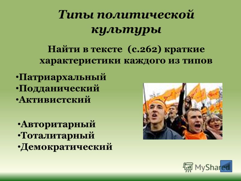 Запишите слово пропущенное в схеме политическая патриархальная подданническая уч