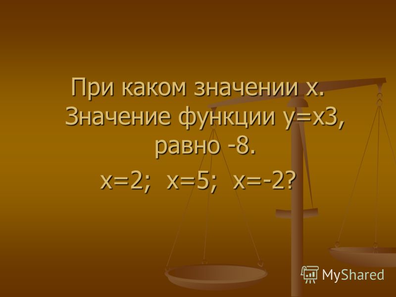 При каком значении x. Значение функции y=x3, равно -8. x=2; x=5; x=-2?