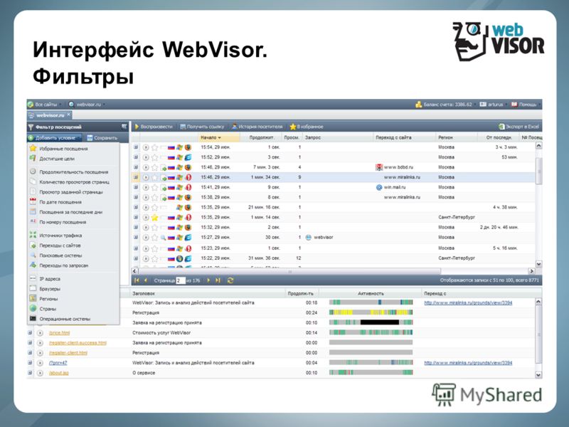 Интерфейс WebVisor. Фильтры