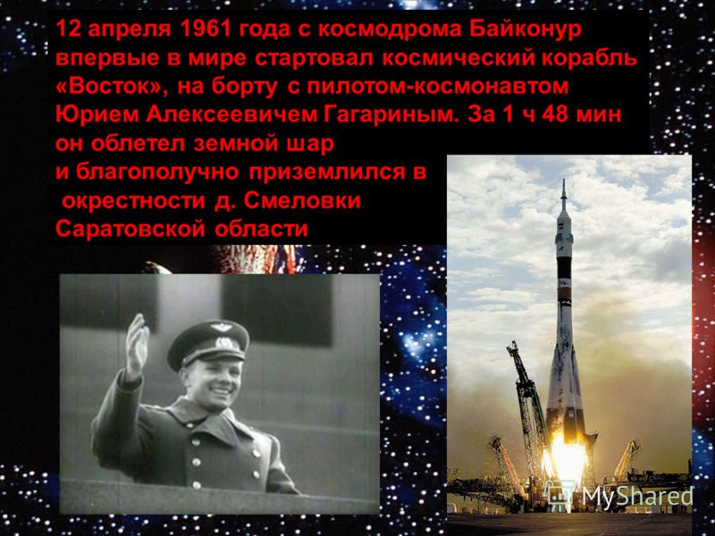 12 апреля 1961 года с космодрома Байконур впервые в мире стартовал космический корабль «Восток», на борту с пилотом-космонавтом Юрием Алексеевичем Гагариным. За 1 ч 48 мин он облетел земной шар и благополучно приземлился в окрестности д. Смеловки Сар