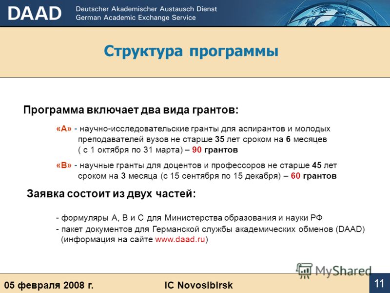 Структура программы 05 февраля 2008 г.IC Novosibirsk 11 Программа включает два вида грантов: «А» - научно-исследовательские гранты для аспирантов и молодых преподавателей вузов не старше 35 лет сроком на 6 месяцев ( с 1 октября по 31 марта) – 90 гран