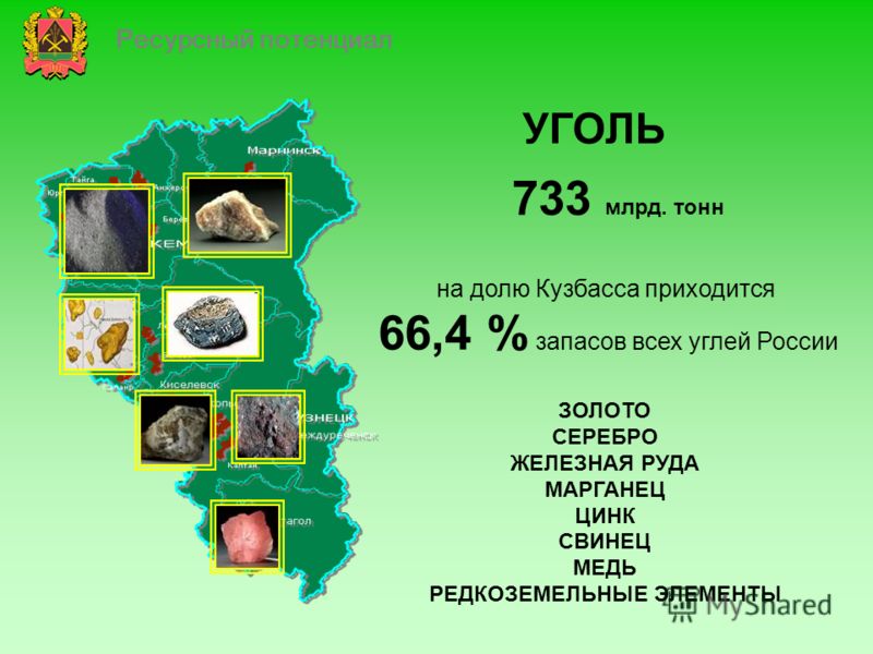 733 млрд. тонн УГОЛЬ на долю Кузбасса приходится 66,4 % запасов всех углей России ЗОЛОТО СЕРЕБРО ЖЕЛЕЗНАЯ РУДА МАРГАНЕЦ ЦИНК СВИНЕЦ МЕДЬ РЕДКОЗЕМЕЛЬНЫЕ ЭЛЕМЕНТЫ Ресурсный потенциал