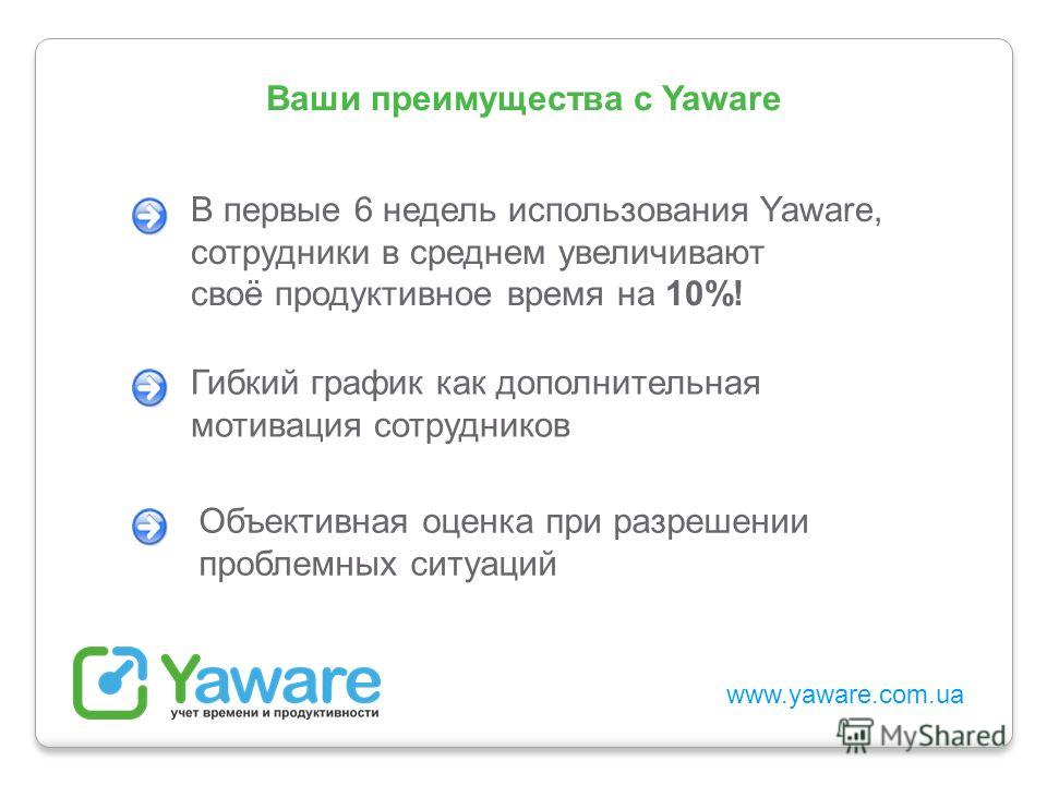 www.yaware.com.ua Гибкий график как дополнительная мотивация сотрудников Ваши преимущества с Yaware В первые 6 недель использования Yaware, сотрудники в среднем увеличивают своё продуктивное время на 10%! Объективная оценка при разрешении проблемных 