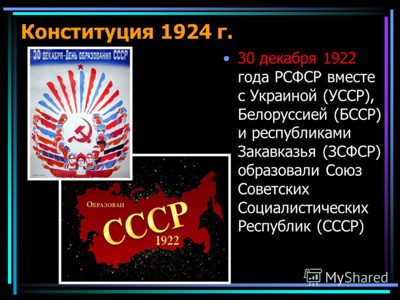 Конституция 1924 г. 30 декабря 1922 года РСФСР вместе с Украиной (УССР), Белоруссией (БССР) и республиками Закавказья (ЗСФСР) образовали Союз Советских Социалистических Республик (СССР)