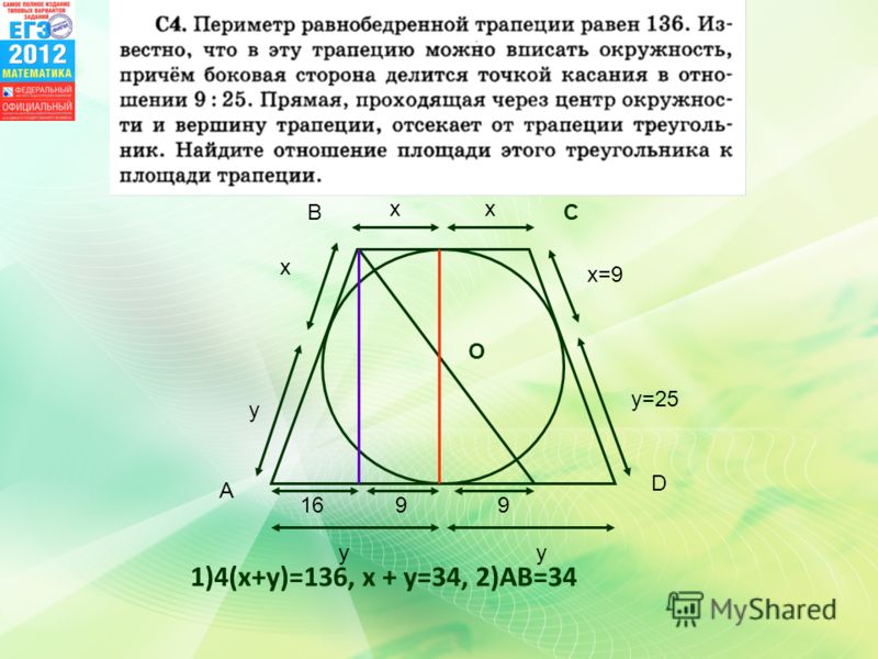 1699 x x y y=25 x=9 x yy 1)4(x+y)=136, x + y=34, 2)AB=34 A BC D O