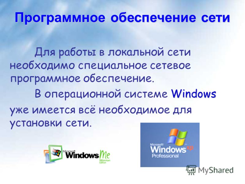 Программное обеспечение сети Для работы в локальной сети необходимо специальное сетевое программное обеспечение. Windows В операционной системе Windows уже имеется всё необходимое для установки сети.