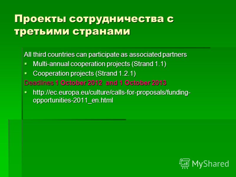 Проекты сотрудничества с третьими странами All third countries can participate as associated partners Multi-annual cooperation projects (Strand 1.1) Multi-annual cooperation projects (Strand 1.1) Cooperation projects (Strand 1.2.1) Cooperation projec