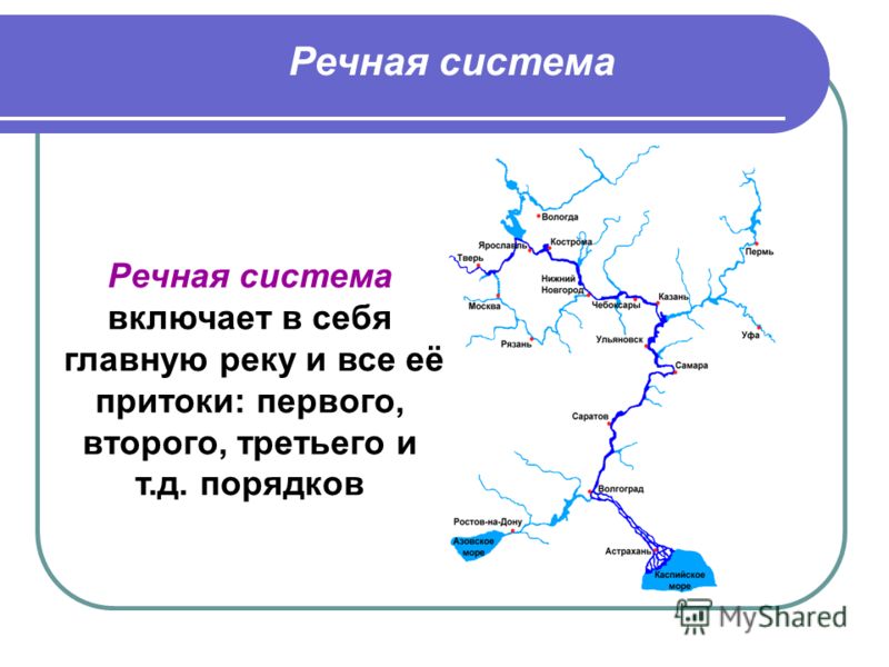 Речная система включает в себя главную реку и все её притоки: первого, второго, третьего и т.д. порядков