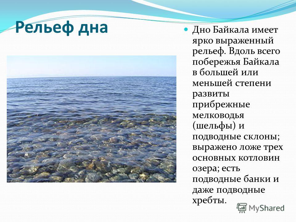 Рельеф дна Дно Байкала имеет ярко выраженный рельеф. Вдоль всего побережья Байкала в большей или меньшей степени развиты прибрежные мелководья (шельфы) и подводные склоны; выражено ложе трех основных котловин озера; есть подводные банки и даже подвод
