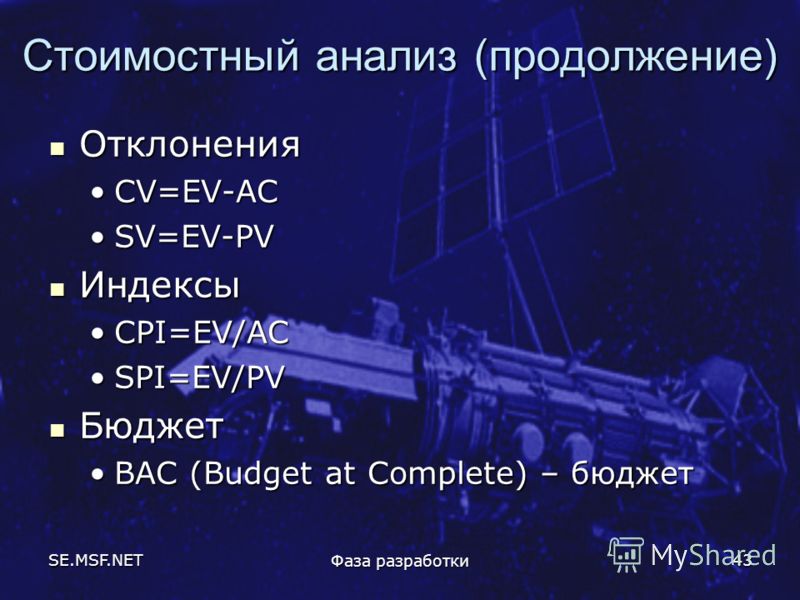 SE.MSF.NET Фаза разработки 43 Стоимостный анализ (продолжение) Отклонения Отклонения CV=EV-ACCV=EV-AC SV=EV-PVSV=EV-PV Индексы Индексы CPI=EV/ACCPI=EV/AC SPI=EV/PVSPI=EV/PV Бюджет Бюджет BAC (Budget at Complete) – бюджетBAC (Budget at Complete) – бюд