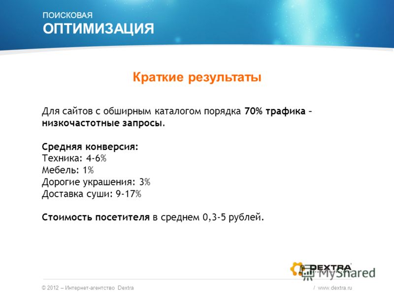 Краткие результаты © 2012 – Интернет-агентство Dextra / www.dextra.ru Для сайтов с обширным каталогом порядка 70% трафика – низкочастотные запросы. Средняя конверсия: Техника: 4-6% Мебель: 1% Дорогие украшения: 3% Доставка суши: 9-17% Стоимость посет