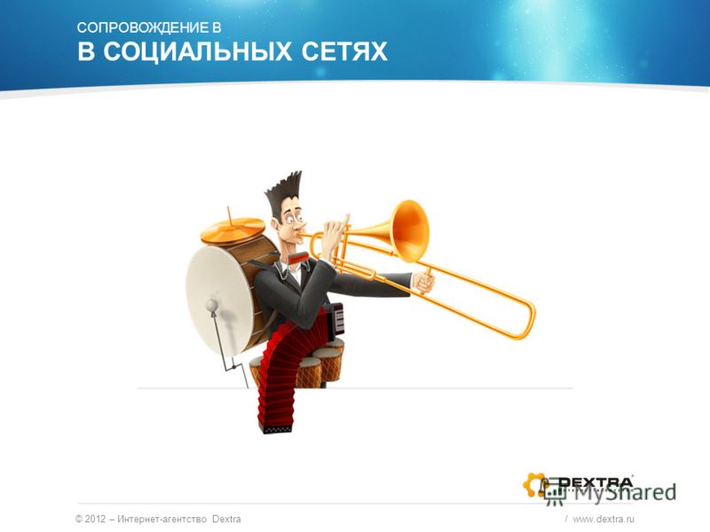 © 2012 – Интернет-агентство Dextra / www.dextra.ru СОПРОВОЖДЕНИЕ В В СОЦИАЛЬНЫХ СЕТЯХ