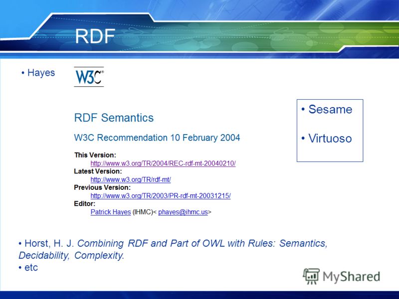 RDF Horst, H. J. Combining RDF and Part of OWL with Rules: Semantics, Decidability, Complexity. etc Hayes Sesame Virtuoso