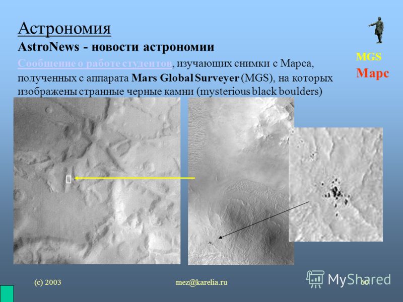 (с) 2003mez@karelia.ru60 Сообщение о работе студентовСообщение о работе студентов, изучающих снимки с Марса, полученных с аппарата Mars Global Surveyer (MGS), на которых изображены странные черные камни (mysterious black boulders) Астрономия AstroNew