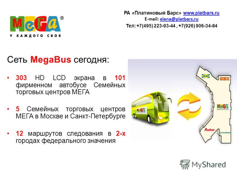 Сеть MegaBus сегодня: 303 HD LCD экрана в 101 фирменном автобусе Семейных торговых центров МЕГА 5 Семейных торговых центров МЕГА в Москве и Санкт-Петербурге 12 маршрутов следования в 2-х городах федерального значения РА «Платиновый Барс» www.platbars
