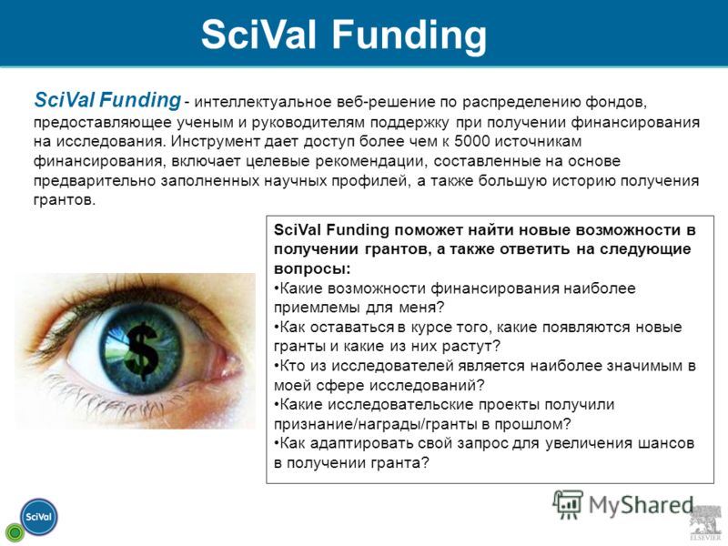 SciVal Funding - интеллектуальное веб-решение по распределению фондов, предоставляющее ученым и руководителям поддержку при получении финансирования на исследования. Инструмент дает доступ более чем к 5000 источникам финансирования, включает целевые 