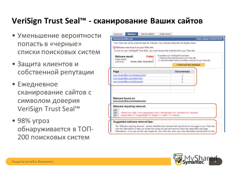 VeriSign Trust Seal - сканирование Ваших сайтов Уменьшение вероятности попасть в «черные» списки поисковых систем Защита клиентов и собственной репутации Ежедневное сканирование сайтов с символом доверия VeriSign Trust Seal 98% угроз обнаруживается в