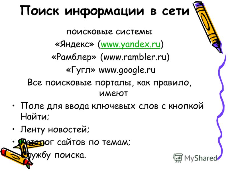 Поиск информации в сети поисковые системы «Яндекс» (www.yandex.ru)www.yandex.ru «Рамблер» (www.rambler.ru) «Гугл» www.google.ru Все поисковые порталы, как правило, имеют Поле для ввода ключевых слов с кнопкой Найти; Ленту новостей; Каталог сайтов по 