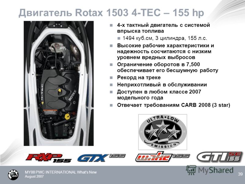 MY08 PWC INTERNATIONAL Whats New August 2007 39 Двигатель Rotax 1503 4-TEC – 155 hp 4-х тактный двигатель с системой впрыска топлива 1494 куб.см, 3 цилиндра, 155 л.с. Высокие рабочие характеристики и надежность сосчитаются с низким уровнем вредных вы