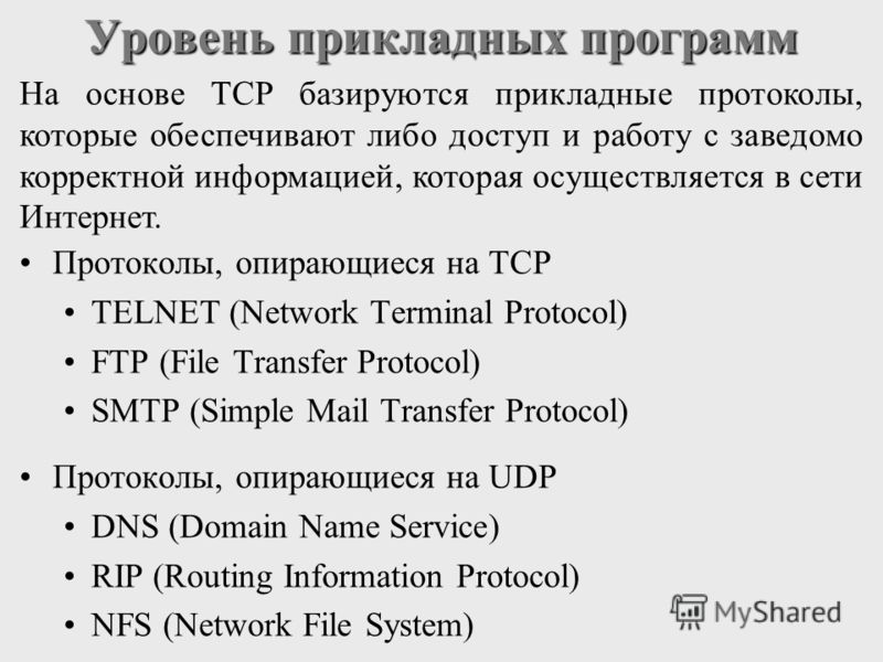 Уровень прикладных программ Протоколы, опирающиеся на TCP TELNET (Network Terminal Protocol) FTP (File Transfer Protocol) SMTP (Simple Mail Transfer Protocol) Протоколы, опирающиеся на UDP DNS (Domain Name Service) RIP (Routing Information Protocol) 