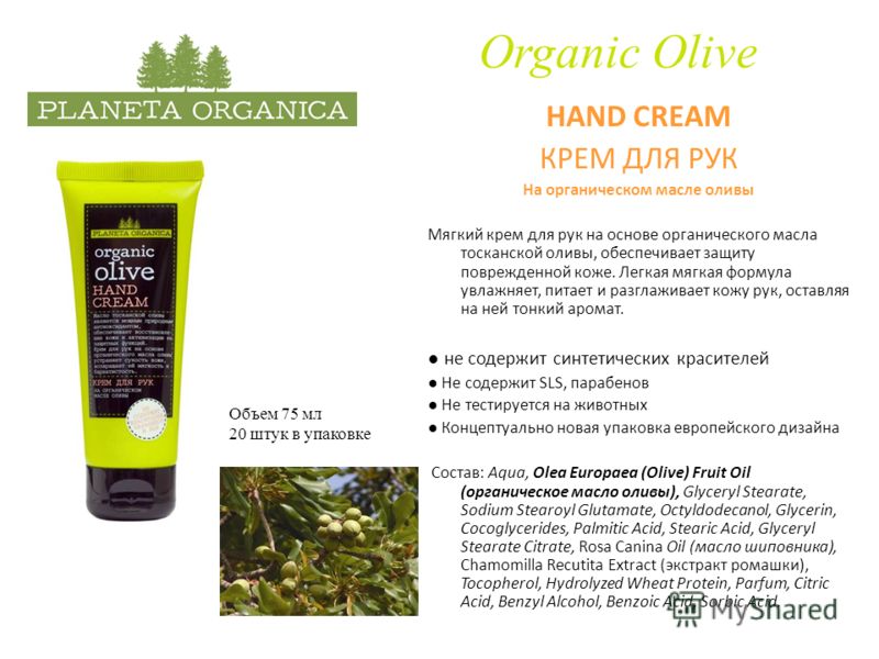 Organic Olive HAND CREAM КРЕМ ДЛЯ РУК На органическом масле оливы Мягкий крем для рук на основе органического масла тосканской оливы, обеспечивает защиту поврежденной коже. Легкая мягкая формула увлажняет, питает и разглаживает кожу рук, оставляя на 