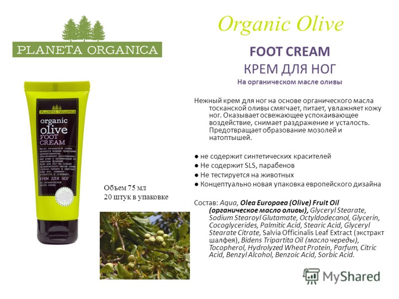 Organic Olive FOOT CREAM КРЕМ ДЛЯ НОГ На органическом масле оливы Нежный крем для ног на основе органического масла тосканской оливы смягчает, питает, увлажняет кожу ног. Оказывает освежающее успокаивающее воздействие, снимает раздражение и усталость