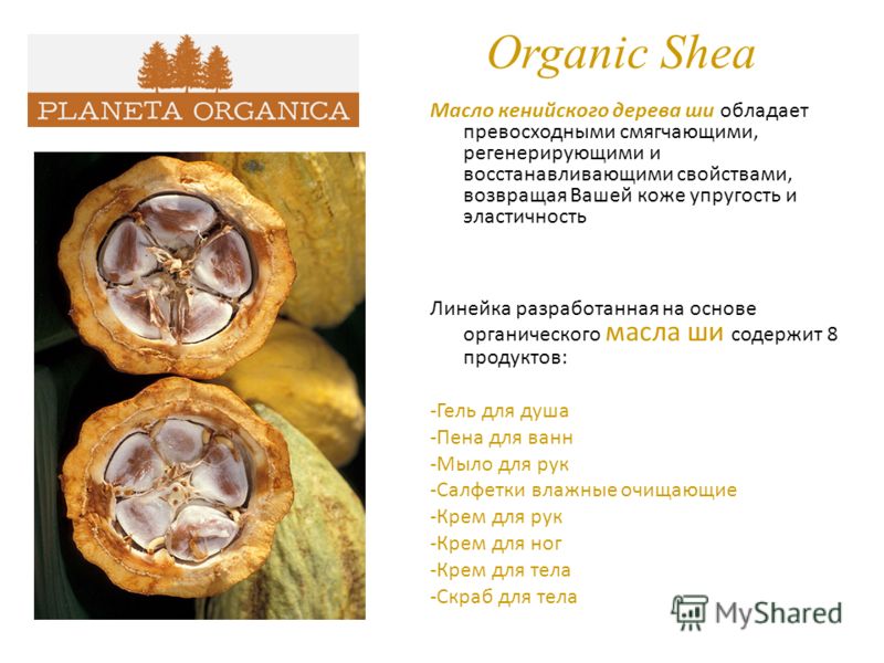Organic Shea Масло кенийского дерева ши обладает превосходными смягчающими, регенерирующими и восстанавливающими свойствами, возвращая Вашей коже упругость и эластичность Линейка разработанная на основе органического масла ши содержит 8 продуктов: -Г