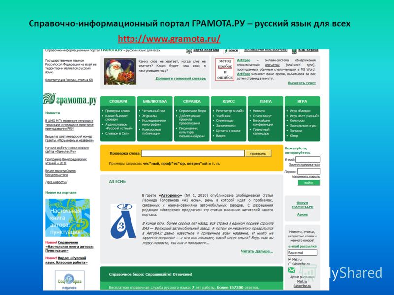 http://www.gramota.ru/ Справочно-информационный портал ГРАМОТА.РУ – русский язык для всех