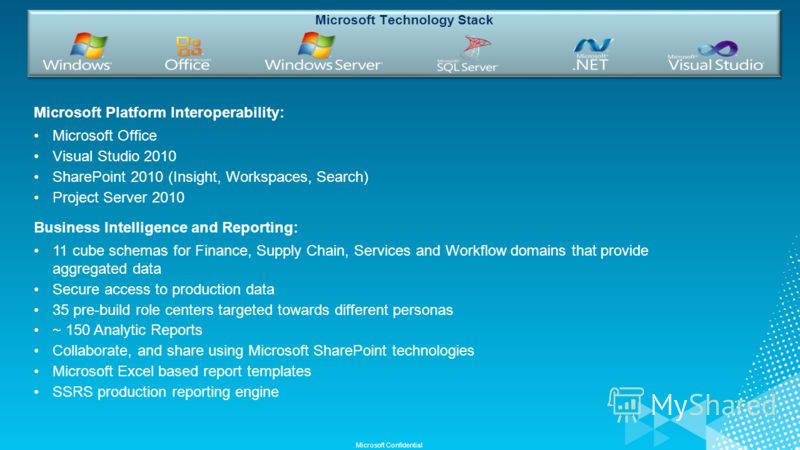 Microsoft Confidential Microsoft Platform Interoperability: Microsoft Office Visual Studio 2010 SharePoint 2010 (Insight, Workspaces, Search) Project Server 2010 Business Intelligence and Reporting: 11 cube schemas for Finance, Supply Chain, Services