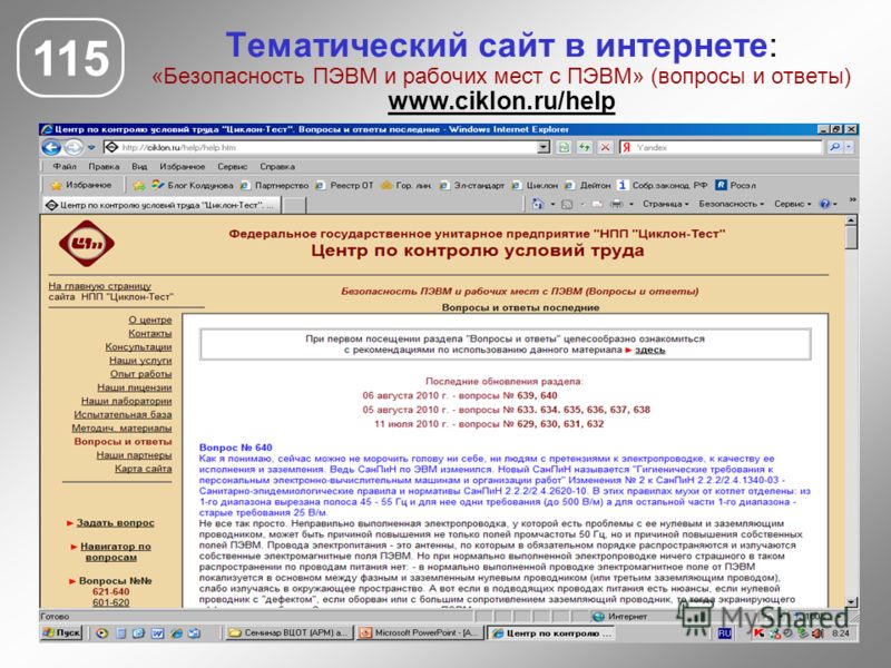 Тематический сайт в интернете: «Безопасность ПЭВМ и рабочих мест с ПЭВМ» (вопросы и ответы) www.ciklon.ru/help 115