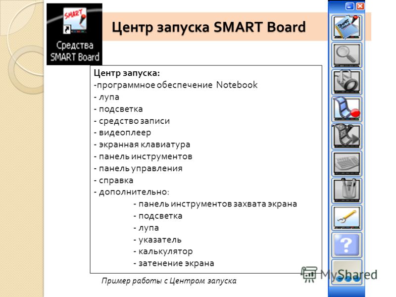 Центр запуска SMART Board Центр запуска: -программное обеспечение Notebook - лупа - подсветка - средство записи - видеоплеер - экранная клавиатура - панель инструментов - панель управления - справка - дополнительно: - панель инструментов захвата экра