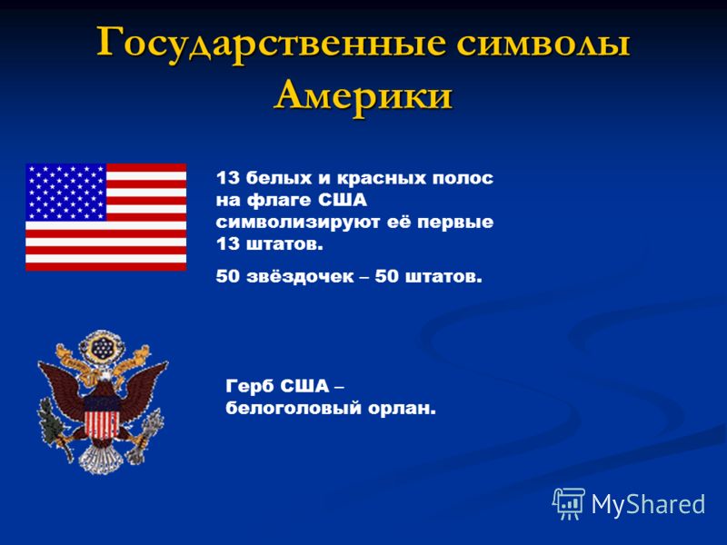 Государственные символы Америки 13 белых и красных полос на флаге США символизируют её первые 13 штатов. 50 звёздочек – 50 штатов. Герб США – белоголовый орлан.