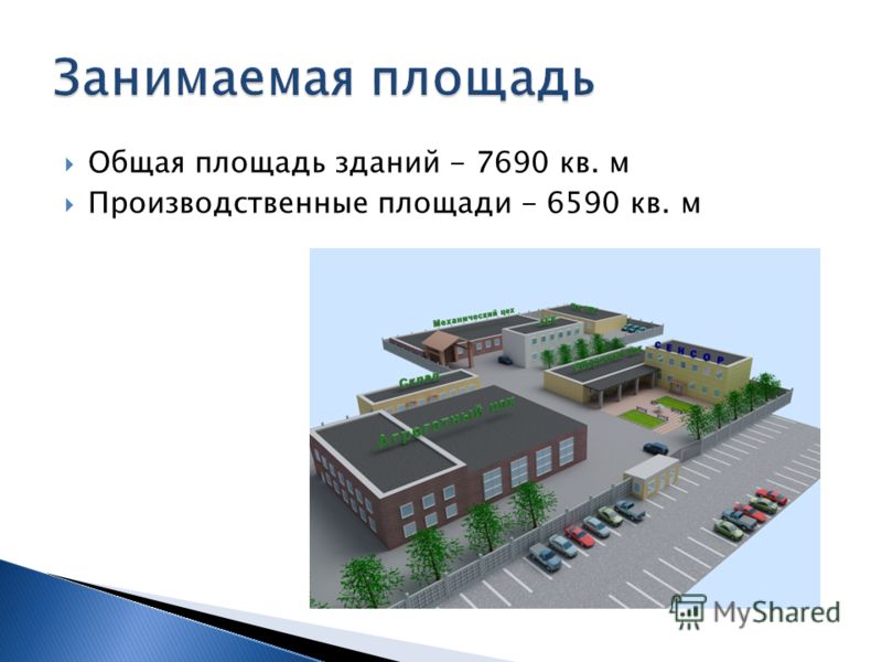 Общая площадь зданий - 7690 кв. м Производственные площади - 6590 кв. м