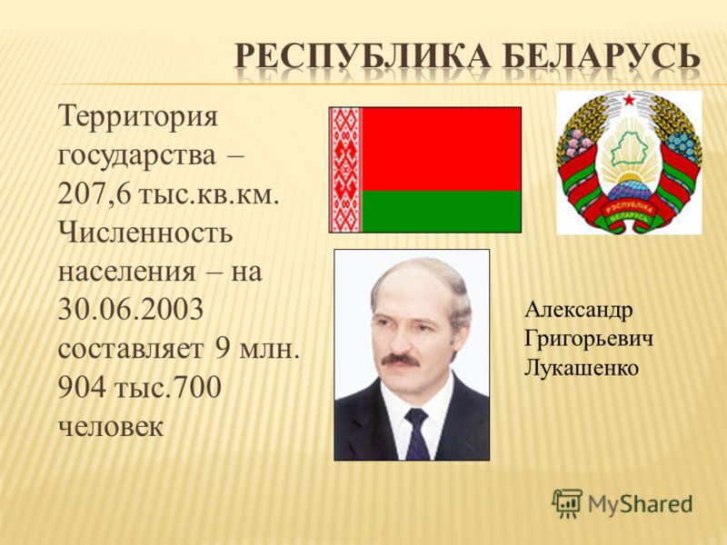 Территория государства – 207,6 тыс.кв.км. Численность населения – на 30.06.2003 составляет 9 млн. 904 тыс.700 человек Александр Григорьевич Лукашенко