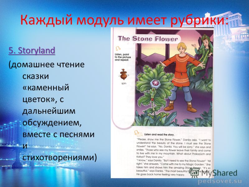 5. Storyland (домашнее чтение сказки «каменный цветок», с дальнейшим обсуждением, вместе с песнями и стихотворениями) Каждый модуль имеет рубрики: