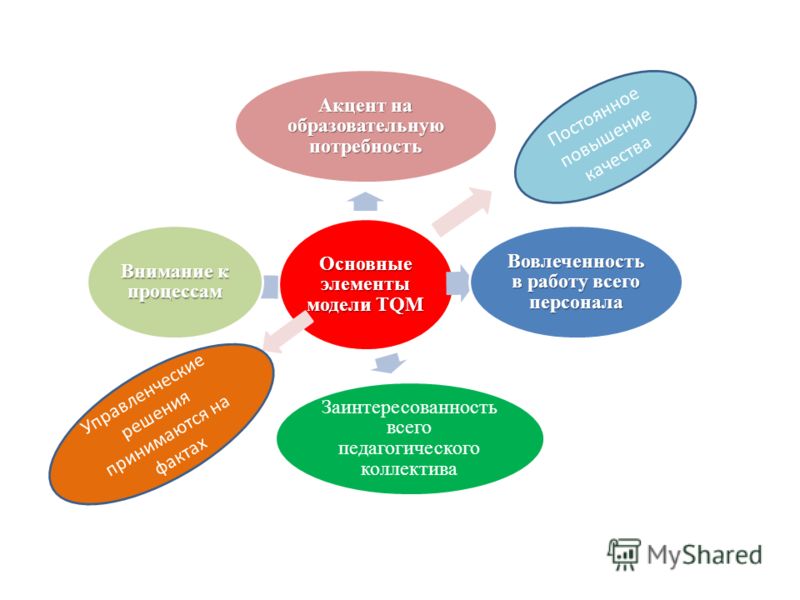 Основные элементы модели TQM Акцент на образовательную потребность Вовлеченность в работу всего персонала Заинтересованность всего педагогического коллектива Внимание к процессам Постоянное повышение качества Управленческие решения принимаются на фак