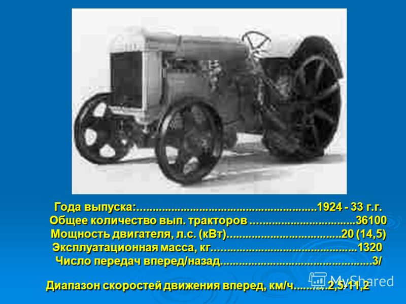 Года выпуска:..........................................................1924 - 33 г.г. Общее количество вып. тракторов..................................36100 Мощность двигателя, л.с. (кВт).....................................20 (14,5) Эксплуатационная