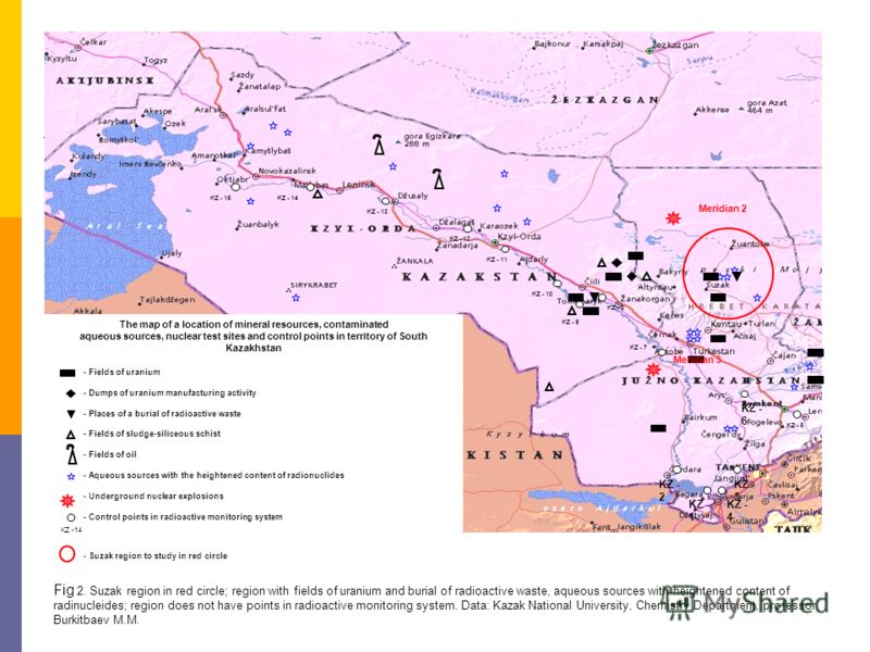 The map of a location of mineral resources, contaminated aqueous sources, nuclear test sites and control points in territory of South Kazakhstan - Fields of uranium - Underground nuclear explosions - Control points in radioactive monitoring system - 