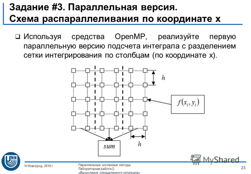 Задание #3. Параллельная версия. Схема распараллеливания по координате x Используя средства OpenMP, реализуйте первую параллельную версию подсчета интеграла с разделением сетки интегрирования по столбцам (по координате x). Н.Новгород, 2010 г. Паралле