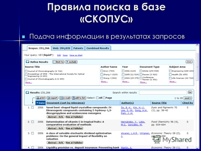 Правила поиска в базе «СКОПУС» Подача информации в результатах запросов Подача информации в результатах запросов