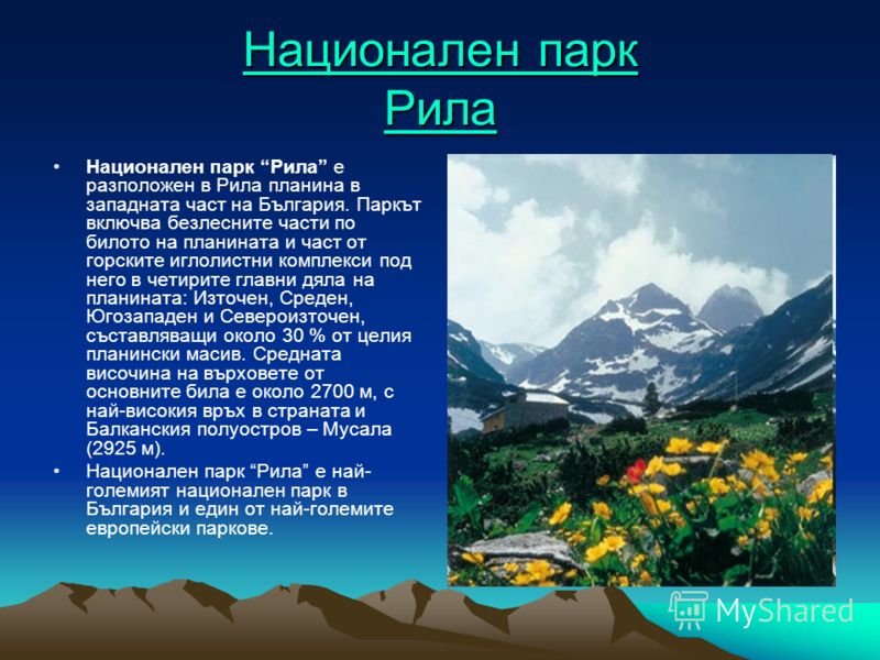Национален парк Рила Национален парк Рила Национален парк Рила е разположен в Рила планина в западната част на България. Паркът включва безлесните части по билото на планината и част от горските иглолистни комплекси под него в четирите главни дяла на
