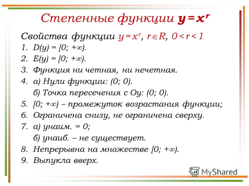 Степенные функции y = x r Свойства функции y = x r, r R, 0 < r < 1 1.D(у) = [0; + ). 2.E(у) = [0; + ). 3.Функция ни четная, ни нечетная. 4.а) Нули функции: (0; 0). б) Точка пересечения с Оу: (0; 0). 5.[0; + ) – промежуток возрастания функции; 6.Огран