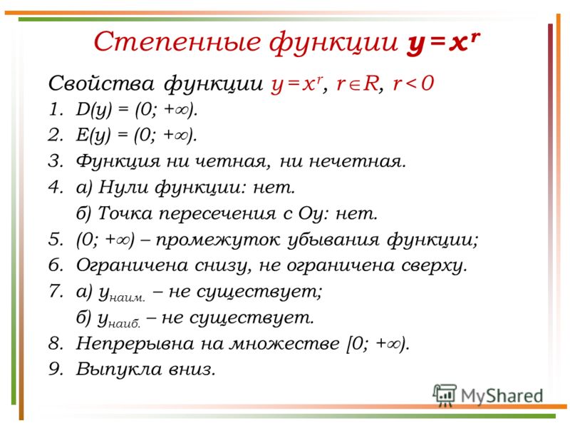 Степенные функции y = x r Свойства функции y = x r, r R, r < 0 1.D(у) = (0; + ). 2.E(у) = (0; + ). 3.Функция ни четная, ни нечетная. 4.а) Нули функции: нет. б) Точка пересечения с Оу: нет. 5.(0; + ) – промежуток убывания функции; 6.Ограничена снизу, 