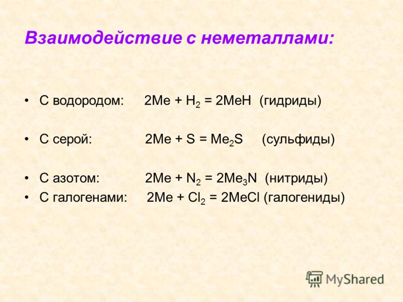 Взаимодействие с неметаллами: С водородом: 2Me + H 2 = 2MeH (гидриды) С серой: 2Me + S = Me 2 S (сульфиды) С азотом: 2Me + N 2 = 2Me 3 N (нитриды) С галогенами: 2Ме + Сl 2 = 2MeCl (галогениды)