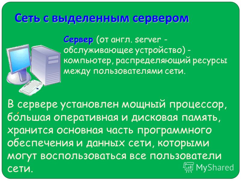Сеть с выделенным сервером Сервер Сервер (от англ. server - обслуживающее устройство) - компьютер, распределяющий ресурсы между пользователями сети. В сервере установлен мощный процессор, большая оперативная и дисковая память, хранится основная часть