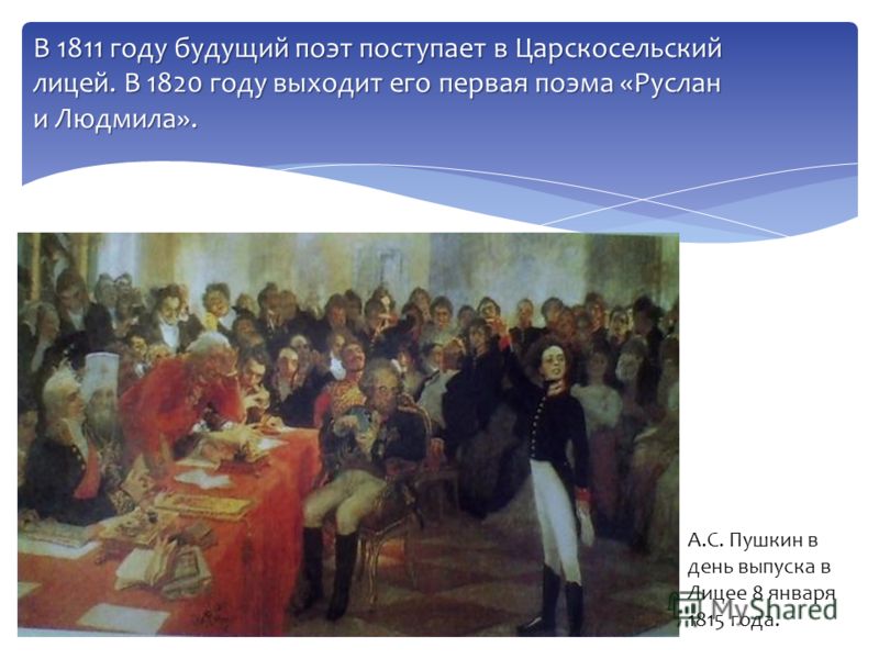 В 1811 году будущий поэт поступает в Царскосельский лицей. В 1820 году выходит его первая поэма «Руслан и Людмила». А.С. Пушкин в день выпуска в Лицее 8 января 1815 года.