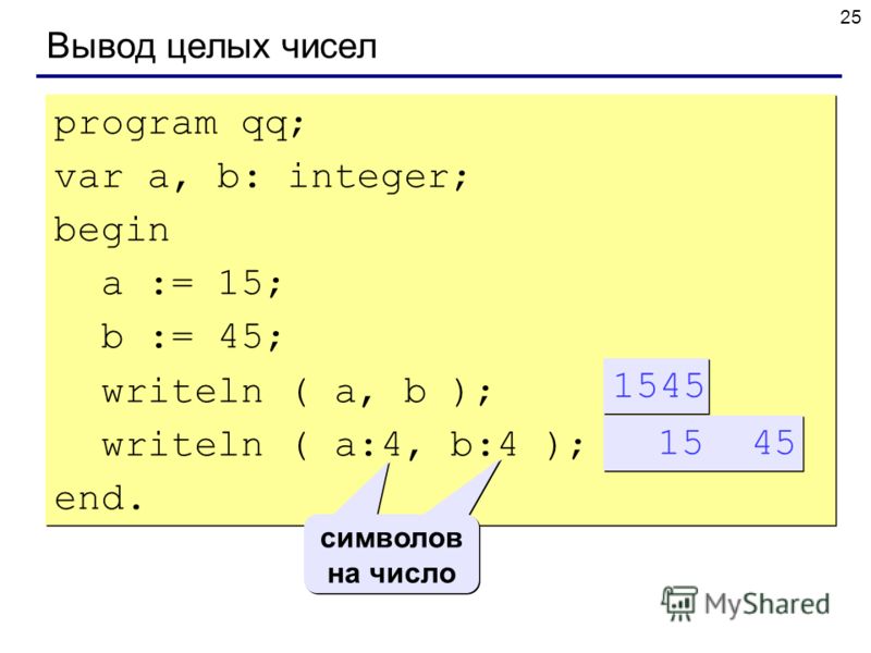 25 Вывод целых чисел program qq; var a, b: integer; begin a := 15; b := 45; writeln ( a, b ); writeln ( a:4, b:4 ); end. program qq; var a, b: integer; begin a := 15; b := 45; writeln ( a, b ); writeln ( a:4, b:4 ); end. 15 45 символов на число симво