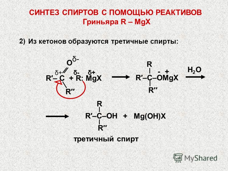 Н2ОН2О R R R–C–OMgX δ-δ- δ+δ+ δ+δ+ R О δ-δ- R– C + R: MgX 2) третичный спирт + Mg(OH)X R–C–OH R СИНТЕЗ СПИРТОВ С ПОМОЩЬЮ РЕАКТИВОВ Гриньяра R – MgX Из кетонов образуются третичные спирты: + - R