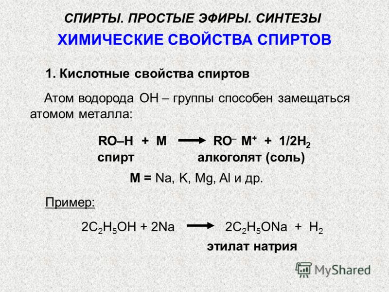 ХИМИЧЕСКИЕ СВОЙСТВА СПИРТОВ Атом водорода ОН – группы способен замещаться атомом металла: RO–H + M RO – M + + 1/2H 2 спирт алкоголят (соль) М = Na, K, Mg, Al и др. СПИРТЫ. ПРОСТЫЕ ЭФИРЫ. СИНТЕЗЫ 1. Кислотные свойства спиртов Пример: 2С 2 Н 5 ОН + 2Na